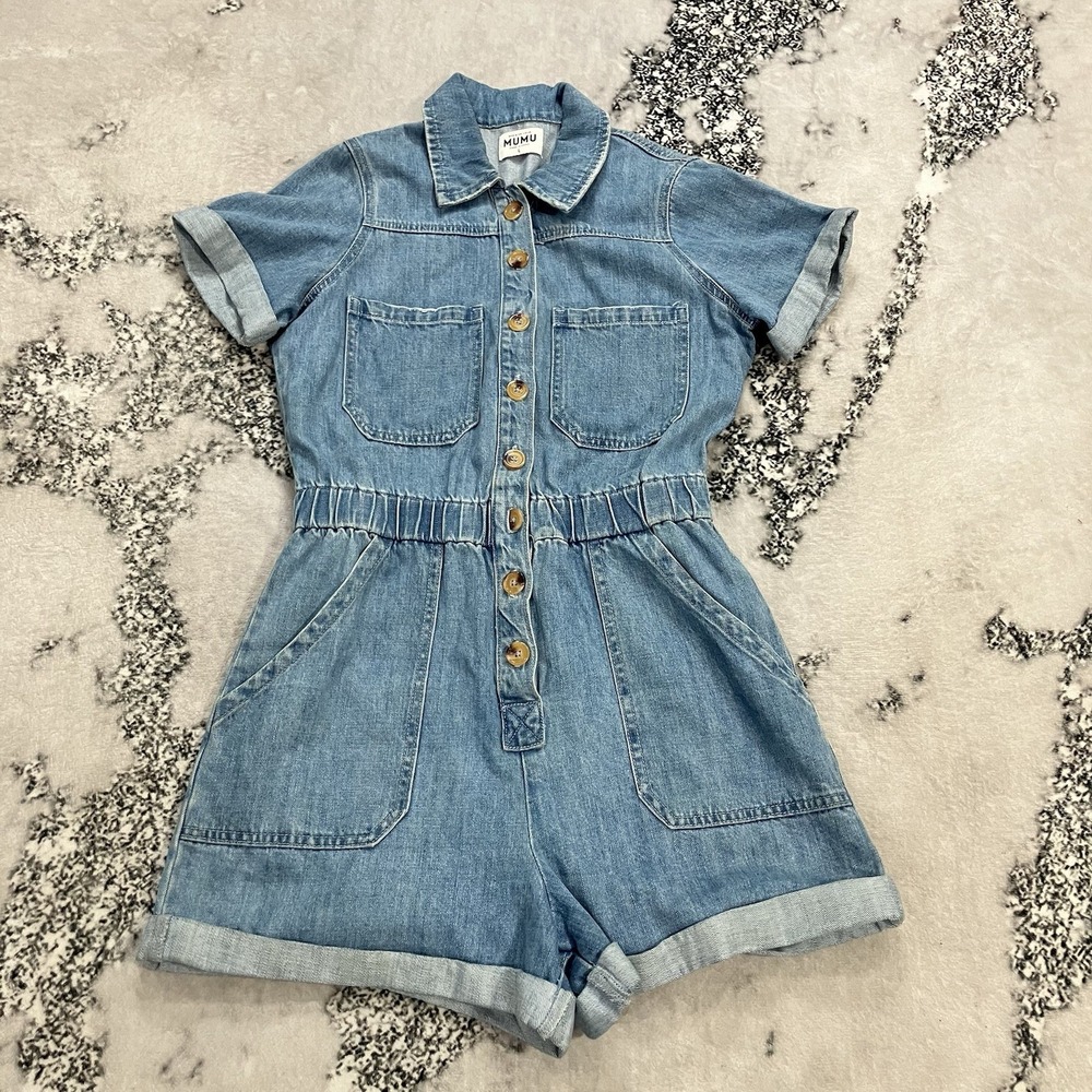Show Me‎ Your Mumu Denim Utility Romper Button Front Short Sleeve Pockets Size L